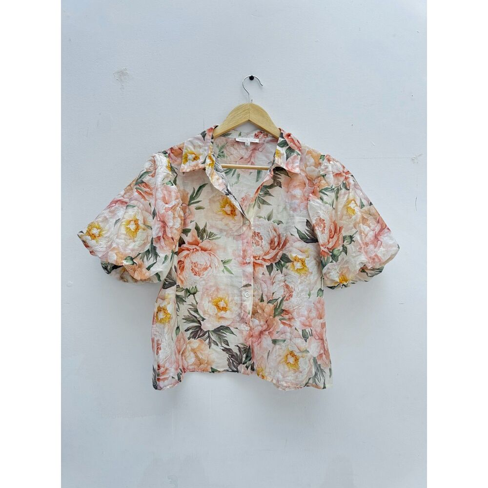 Lucky & Coco Peony Floral Puff Sleeve Blouse Pink Peach Tencel Top M